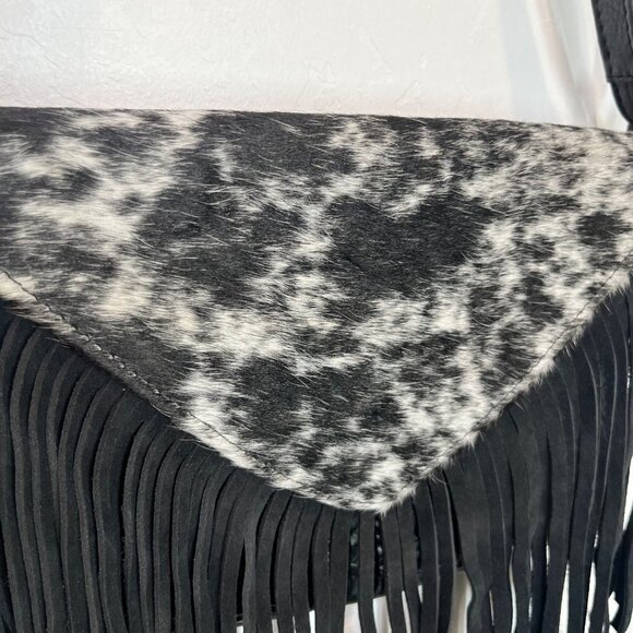 Artisan Embossed Tooled Fringe Cowhide Leather Crossbody Bag Black white Boho - Picture 3 of 6